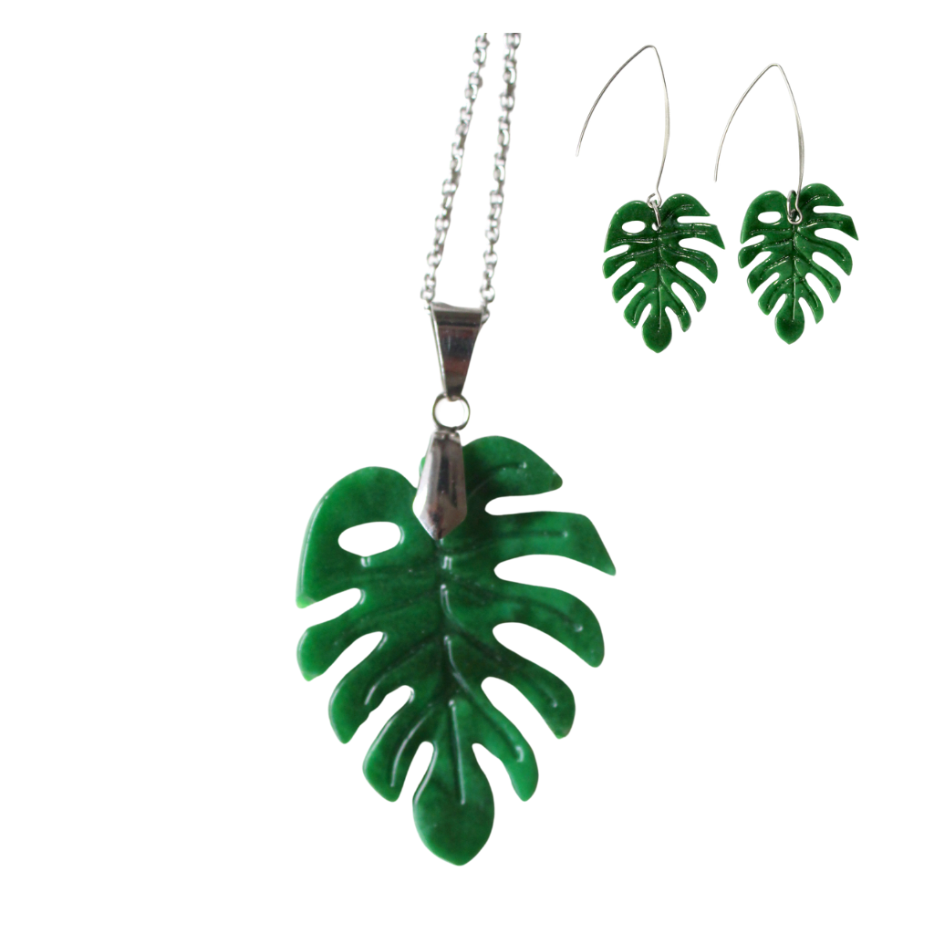 Monstera hubená — sada: náušnice na dlouhém háčku